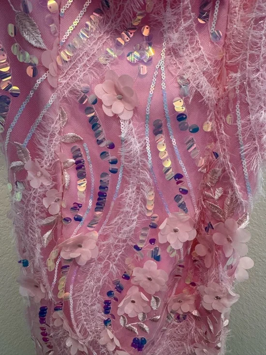 Saints & Secrets Pink Embellished Floral Sequin Spaghetti Strap Dress - Picture 3 of 5